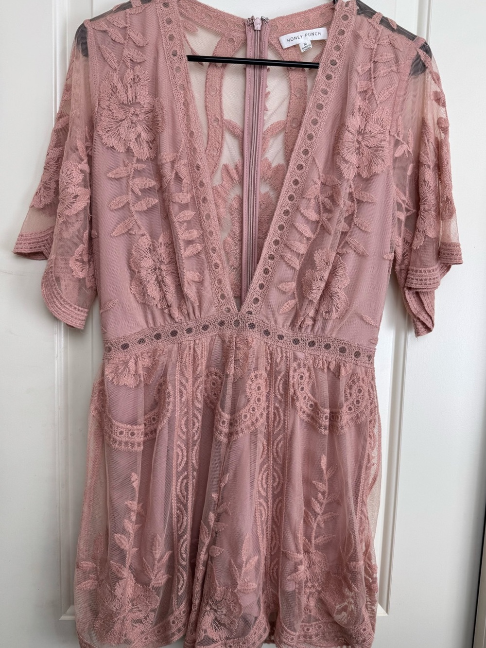 Honey Punch Dusty Rose Floral Lace Romper M Sheer Embroidered Boho